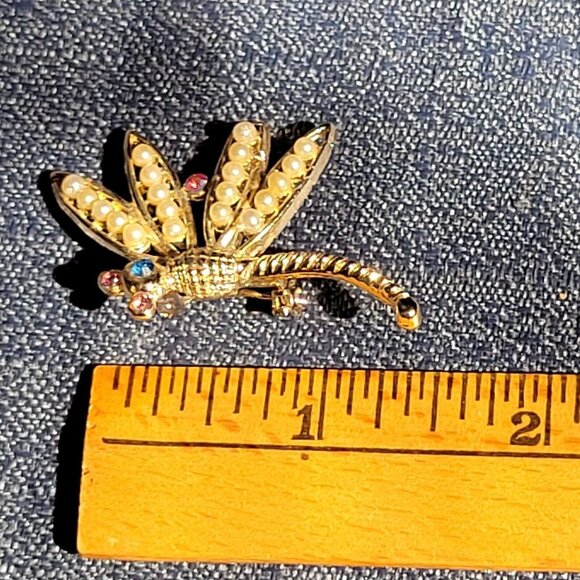 Gold-Tone Dragonfly Brooch With Faux Pearls & Multi-Color Rhinestones Elegant Je - Picture 7 of 8